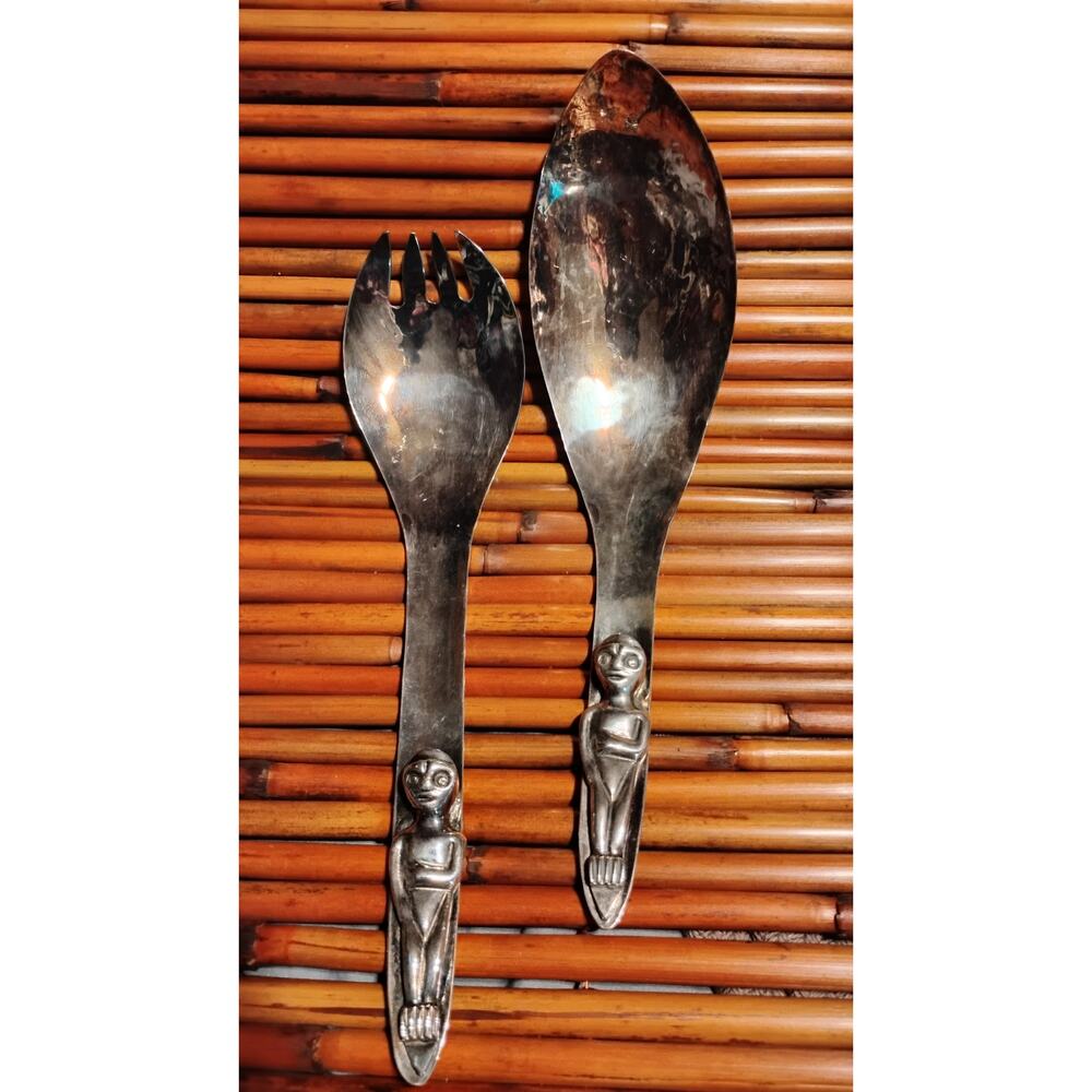 Vintage Agme Bates & Son Tribal Tiki Salad Serving Set MCM 11” 12”